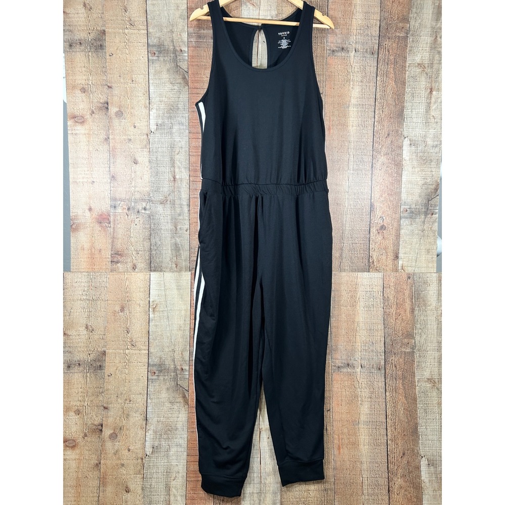 Torrid Black Stripe Active Sleeveless Jogger Jumpsuit Pockets Athleisure 2 2X